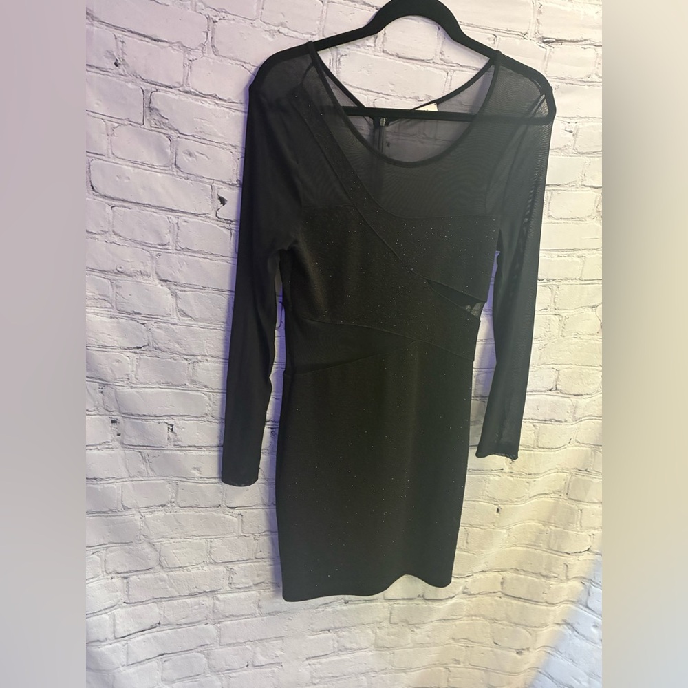Just Me Women’s Black Long Sleeve Mesh Cut Out Sparkly Mini Clubbing Dress Sz L - Picture 2 of 9